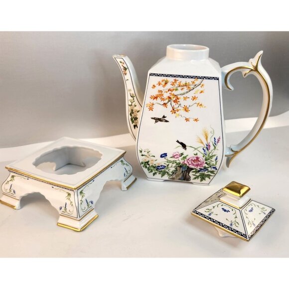 Franklin Mint 1992 Porcelain Teapot Japanese Ikebana Floral Bird Design Square S - Picture 4 of 15